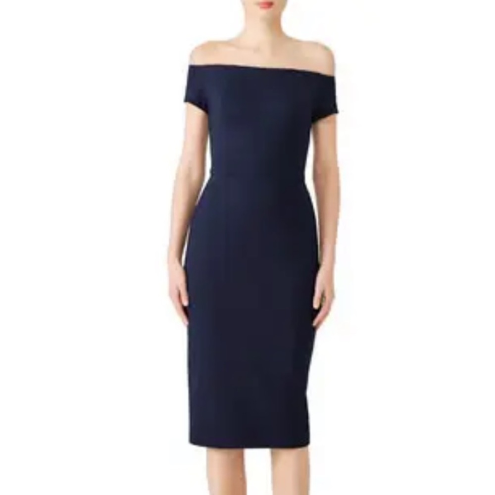 Trina Turk indigo sheath off shoulder stretchy shirt sleeve midi dress size 0 - Picture 3 of 8